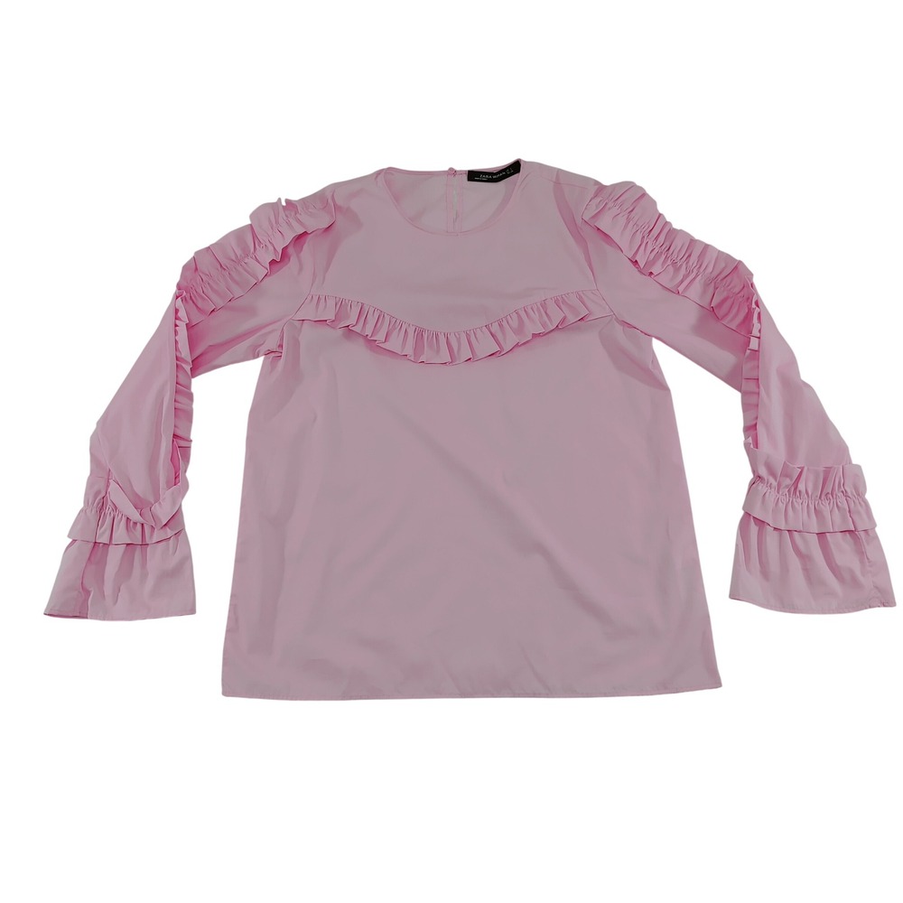 Zara Woman Pink Ruffle Long Sleeve Cotton Blouse Top Size S NWOT